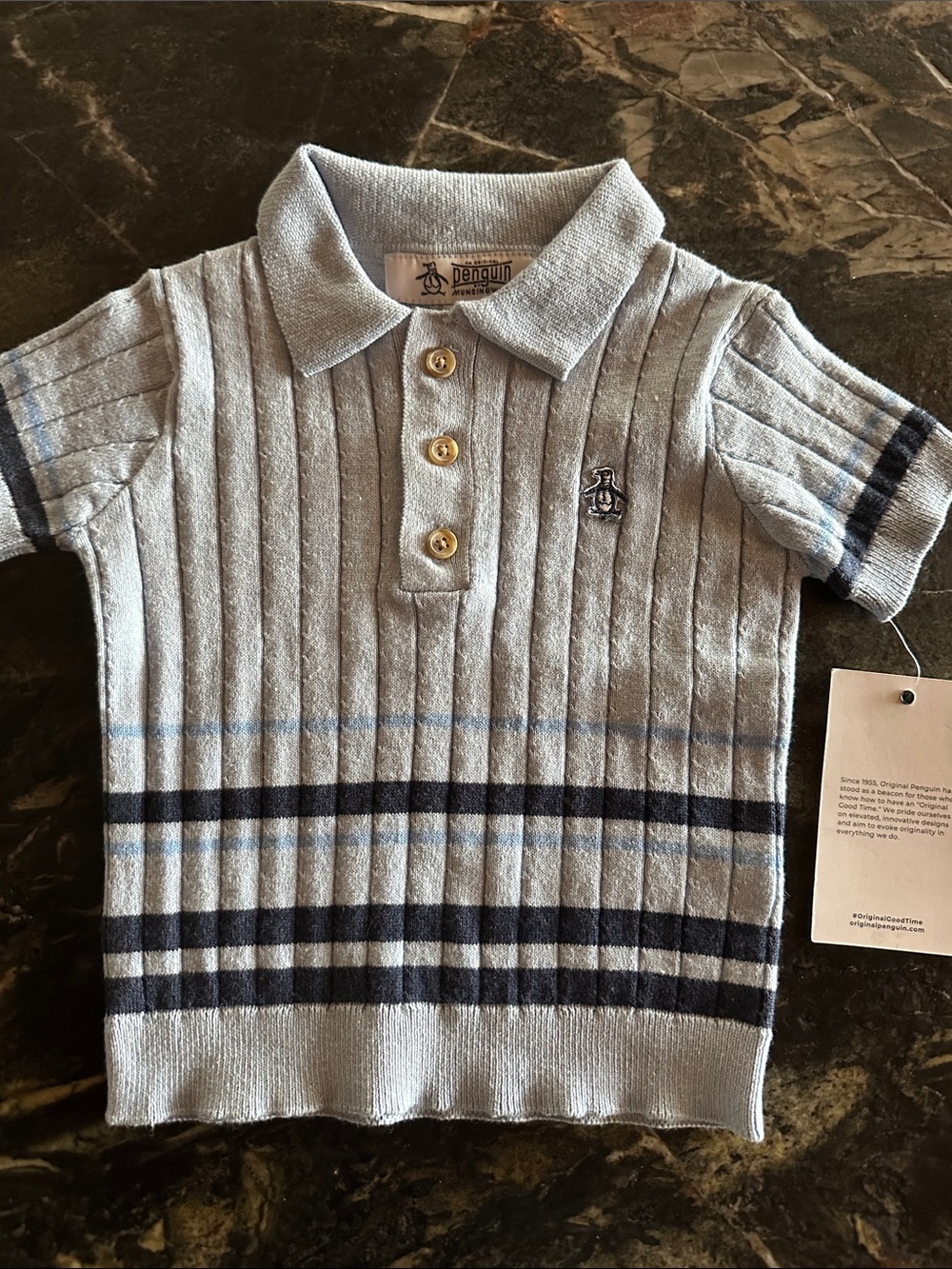 Original Penguin Light Gray and Navy Striped Knit Polo